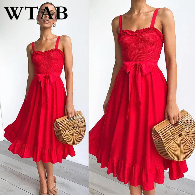 

WTAB vestidos sexy strap summer dress 2019 casual ruffles lace up women dress femme off shoulder a-line bodycon party dresses