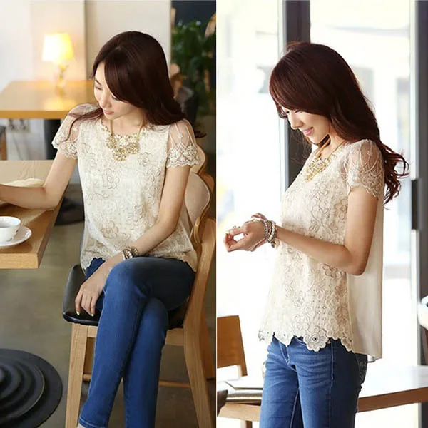 

Women Lady Short Sleeve Chiffon Blouse Shirt Pearls Flower Neck Lace Top