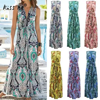 

2019 New Floral Printed Bohemian Sleeveless Beach Maxi Dress Long Women Beach Dresses Blue Casual Holiday Elegant Beachwear
