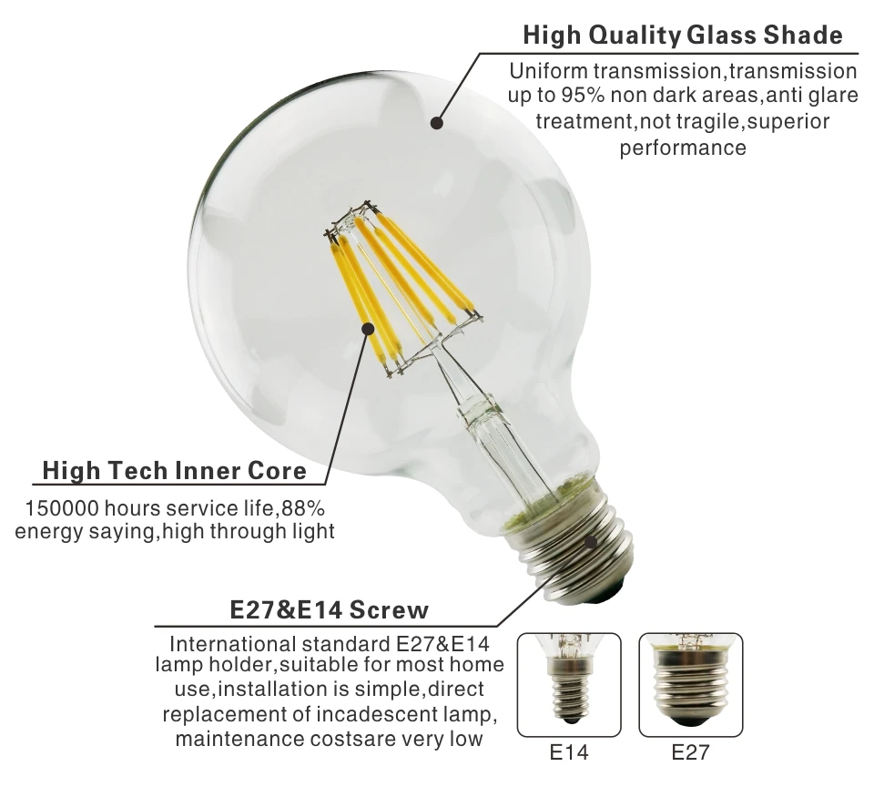 LED Filament Bulb E27 E14 Retro Edison Lamp 220V-240V Light Bulb C35 G45 A60 ST64 G80 G95 G125 Glass Bulb Vintage Candle Light