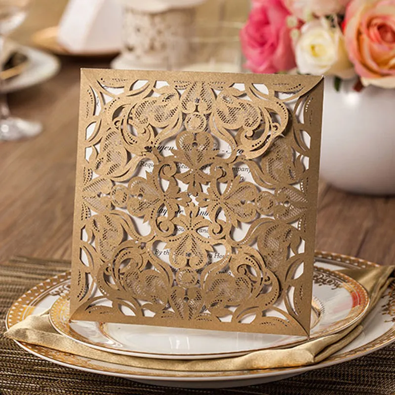 1pcs Sample Gold White Black Laser Cut Rose Flora Wedding Invitations Card Elegant Lace Envelopes & Seals Event & Party Supplies