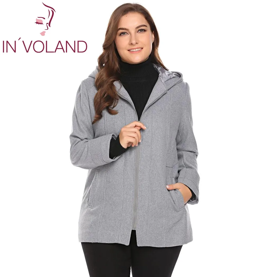 IN'VOLAND размера плюс женское Шерстяное Пальто L-5XL теплое зимнее с капюшоном однотонное с длинным рукавом на молнии тонкое пальто большой размер