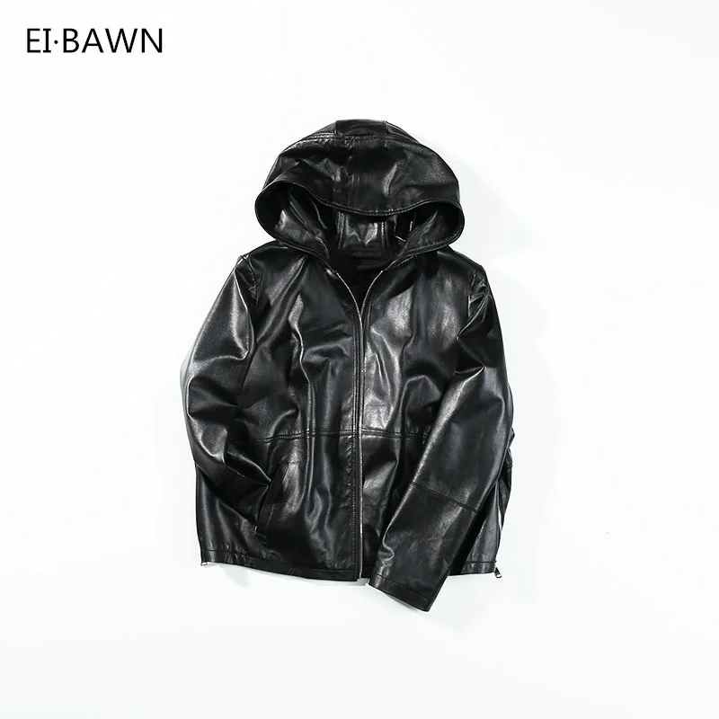 2018 Genuine Leather Jackets Sheepskin Hood Women Black Red Plus Size Casual Zipper Autumn Loose Leather Jackets for Juniors