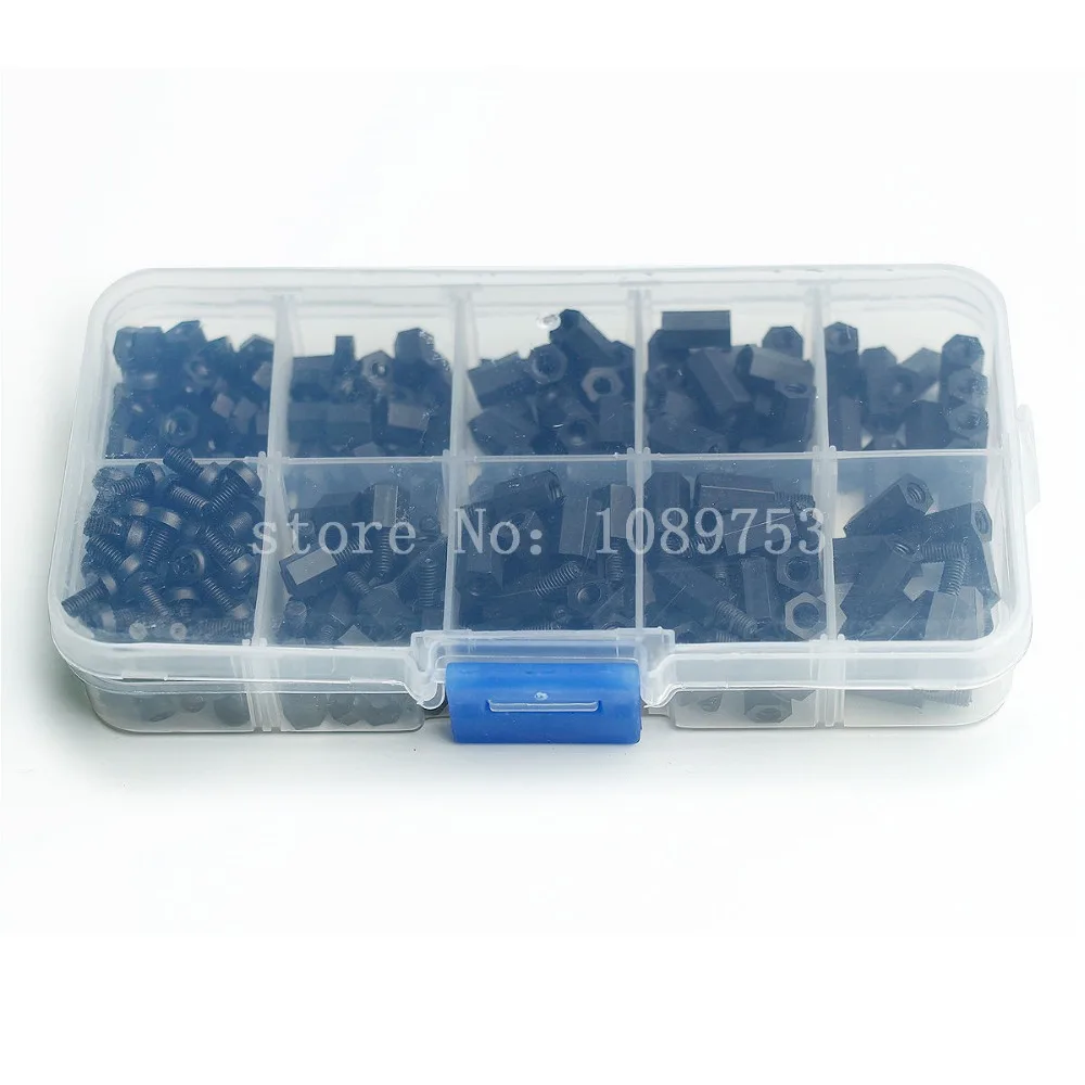 300Pcs M3 Nylon Black M-F Hex Spacers Screw Nut Stand-off Assortment Kit Set Box 300Pcs M3 Nylon Black M-F Hex Spacers Screw Nut Stand-off Assortment Kit Set Box