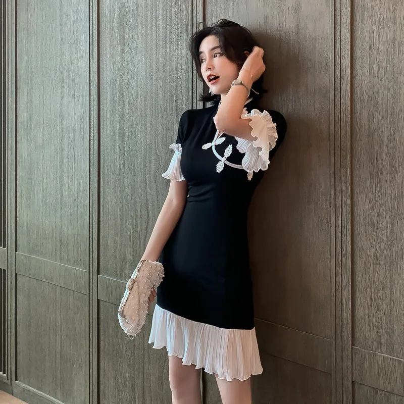 

Black Ruffles Short Sleeve Dress Women Office Sexy Party Ladies Dresses Summer High-end Vintage Cheongsam Mermaid Dress Vestidos