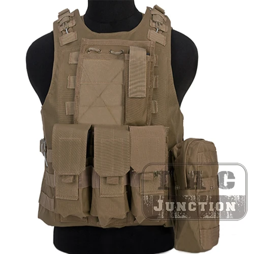 

Tactical USMC MOLLE Khaki Plate Carrier Quick Release Amphibious Combat Assault Body Armor Vest w/ M4/AK Magazine Pouches