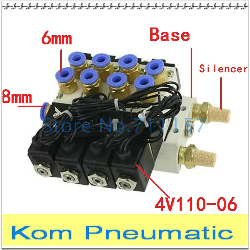 4V110-06 соленоидный воздушный клапан набор 5 портов 2 Позиции 1/" BSP подключенный базовый глушитель фитинг костюм 12vdc 24vdc 110vac 220vac