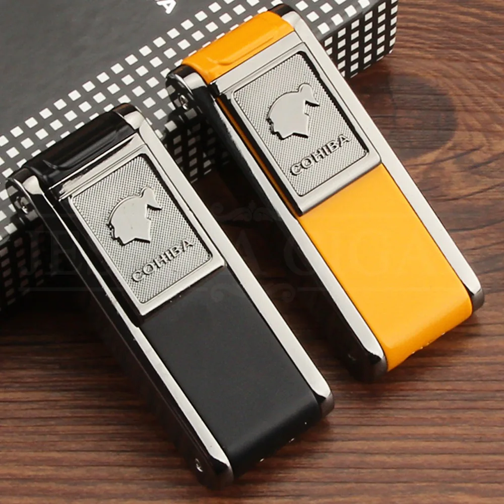 Online COHIBA Gadgets 2 fuego llama Jet mechero de cigarros antorcha recargables a prueba de viento butano Gas encendedores con caja de regalo de puro punzón