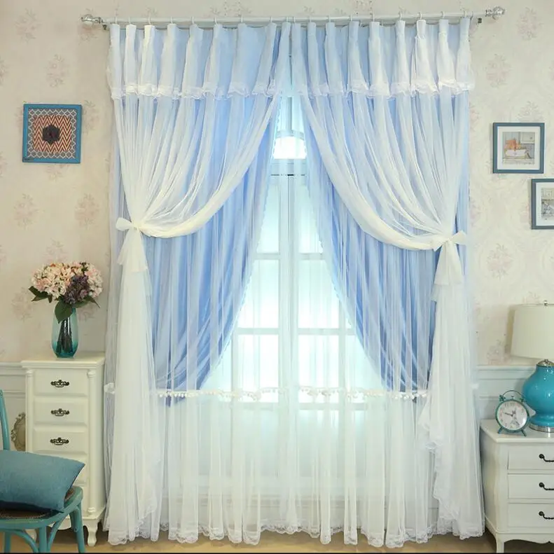 European Embroidery 2 Layers Tulle+Black Out Double Curtains with Tassel High Black Out Blinds Window Curtain for princess house