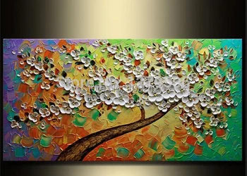 

100% Handpainted Modern Knife Pictures On Canvas Pure White Flower Tree Oil Painting For Room Decor Wall Painting Hang Craft