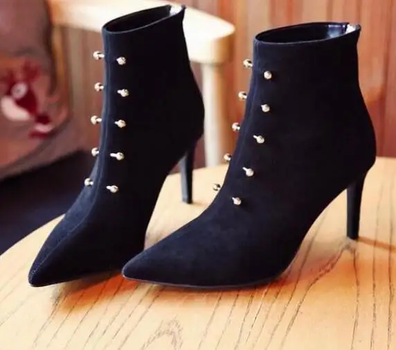 

New Arrivals Hot Selling Pointed Toe High Heels Short Boots Black Suede Leather Rivet Ankle Booties Women Shoes Free Ship