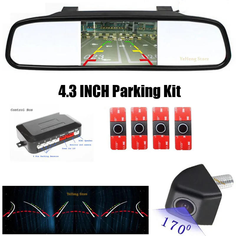 

Dual Core Car Video Parking Kit 16.5mm 4sensors Intelligent Trajectory Tracks Rear View Camera+4.3 inch hd 800 x 480 car monitor