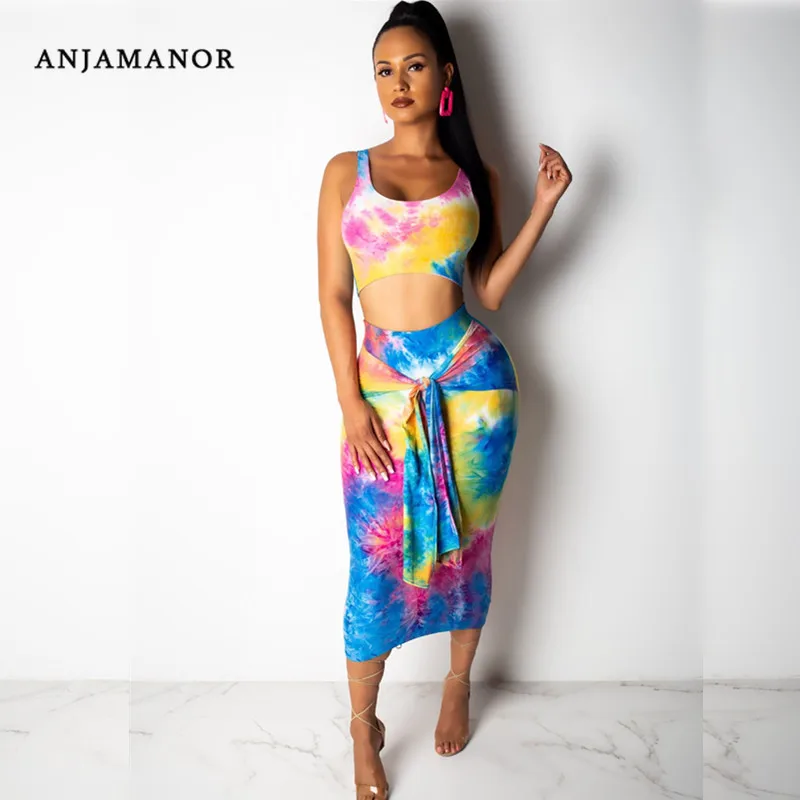 

ANJAMANOR Tie Dye Two Piece Set Sexy Beach Party Outfits Summer Dress 2 Piece Outfit 2019 Crop Top with Long Skirt D59-AD17