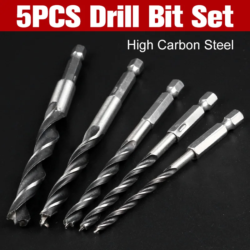 

5PCS Drill Bit Set 4mm 5mm 6mm 8mm 10mm Change Metal Tools 1/4 Hex Shank Wood HCS Rustproof Woodworking Drill Hexagonal Shank