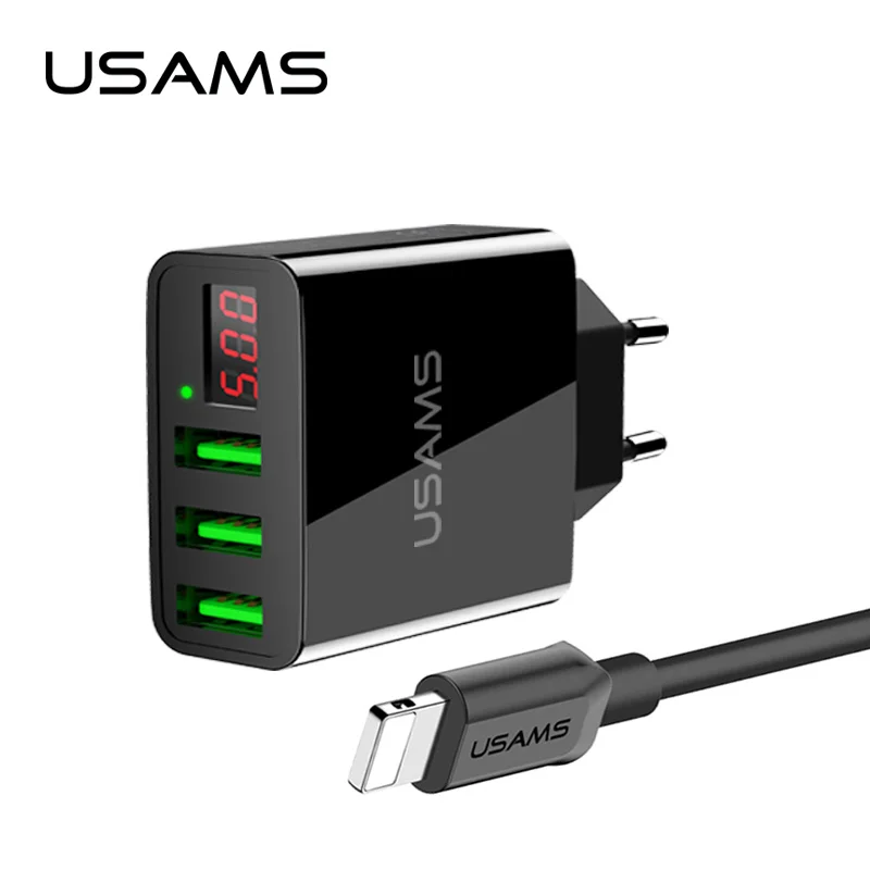 

3 USB phone charger with LED display, USAMS charger max 2.4A EU charger with micro usb cable,type-c cable for iPhone Samsung