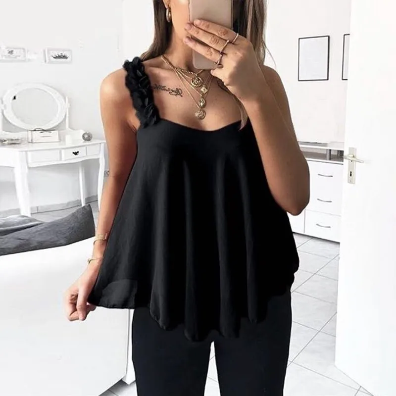

Sexy Women Blouse Solid Color Loose Sleeveless Camis Chiffon Casual Blouse Top Low Beauty Back Blouse Female Top L-5XL Plus Size