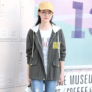 

2018 Autumn Hooded Windbreaker Jacket Women Casual Long Sleeves Zipper Pockets Letters Print Coats Outwear T568