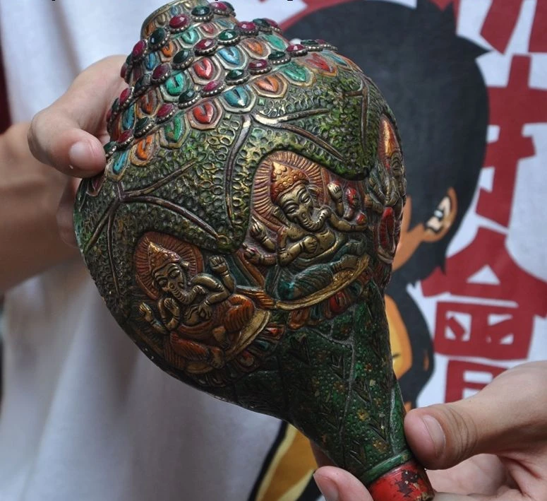 

8"Old Tibet Bronze Painting Gem Elephant Buddha Ganesha Conch Shell Trumpet Horn