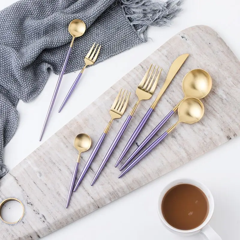 

Lekoch New Arrivals 4PCS/Set Cutlery Set Stainless Steel Purple Gold Silver Two Colors Dinnerware Set Western Knife Fork Scoops