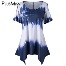 PlusMiss плюс Размеры 5XL летние эффектом деграде(переход от темного к футболки и топы с принтом Асимметричная футболка Для женщин Одежда большого размера Повседневное футболка с коротким рукавом