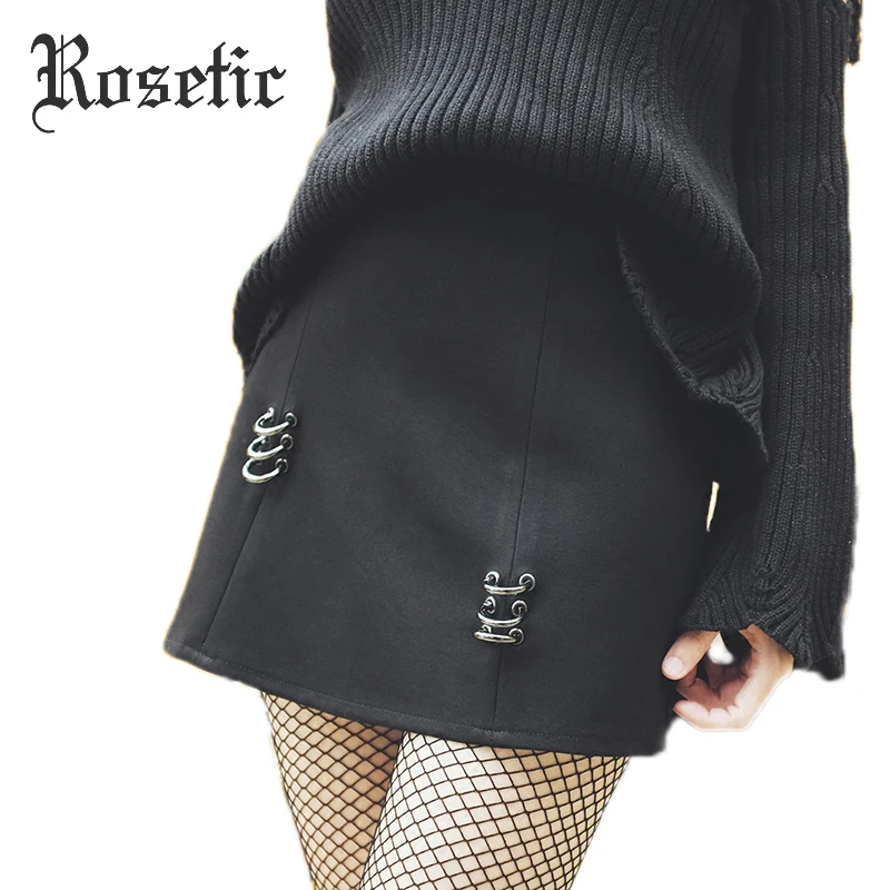 Rosetic, Готическая облегающая женская юбка, осенняя, черная, модная, трапециевидная, с 3D пряжкой, для улицы, сексуальная, мини-Клубная, Молодежная, повседневная, Готическая, мини-юбка