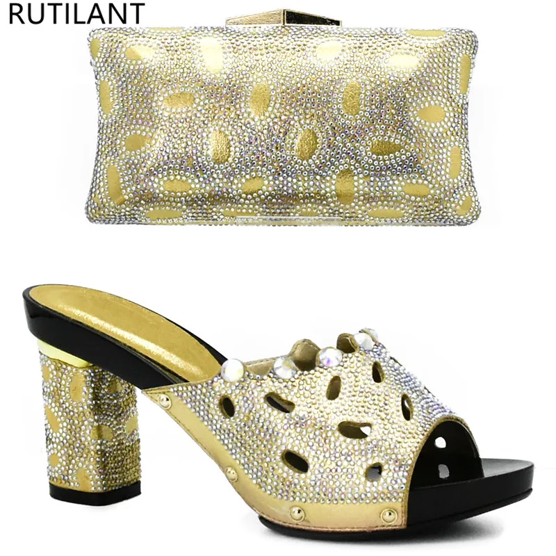 Goud Kleur Italiaanse Dames Schoen en Tas Set Versierd met Strass Afrikaanse Bijpassende Schoenen en Tassen Italiaanse In Vrouwen Party schoen Goud Kleur Italiaanse Dames Schoen en Tas Set Versierd met Strass Afrikaanse Bijpassende Schoenen en Tassen Italiaanse In Vrouwen Party schoen