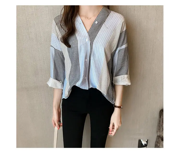 2019 Autumn Women's Striped Shirts Womens Tops And Blouses Fashion Long Sleeve Shirt Plus Size V-neck Blusas Chemise Femme (4)
