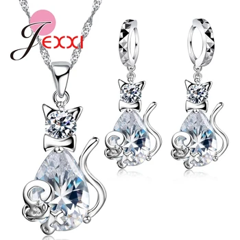 

Cute White Cat& Mouse Jewelry Sets 925 Sterling Silver CZ AAA Cubic ia Crystal Mother Day's Gift Jewelry Sets El collar
