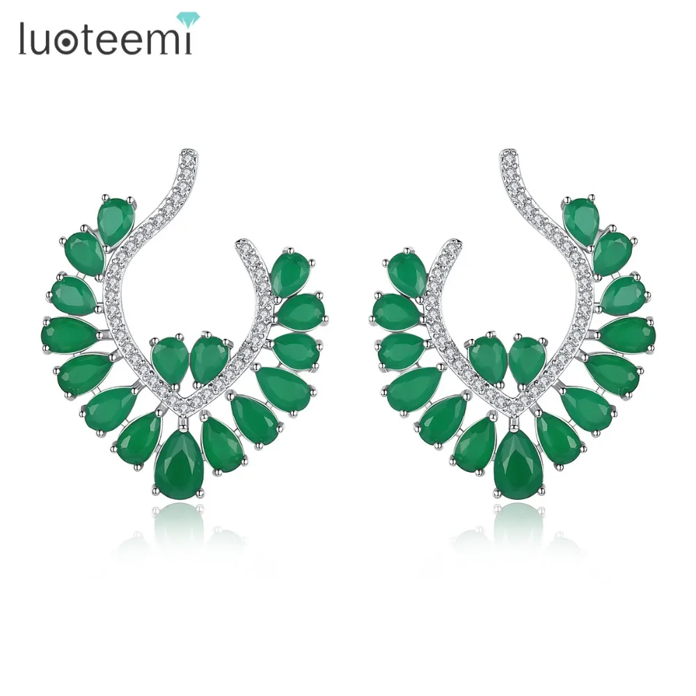 LUOTEEMI, новинка, классические серьги-гвоздики для женщин, для свадебной вечеринки, модные ювелирные изделия, уникальный зеленый CZ, два цвета, Pendientes, рождественский подарок