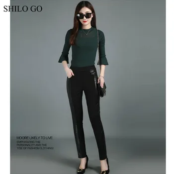 

SHILO GO Leather Pants Womens Autumn Fashion sheepskin genuine leather Pants elastic high waist side stitch real leather pants