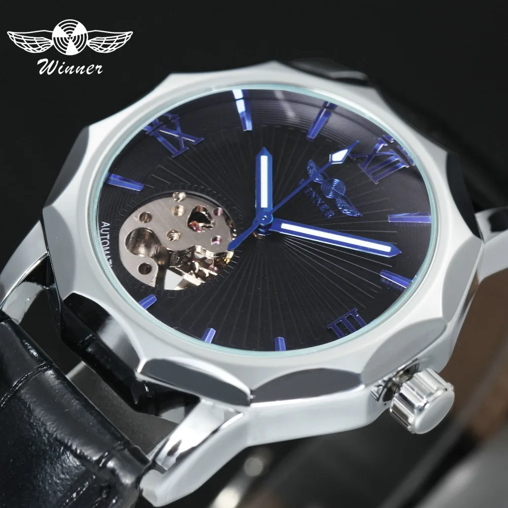 

WINNER Fashion Blue Automatic Mechanical Watch for Men Roman Number Skeleton Dial Luminous Hands Top Brand Luxury Leather Clock