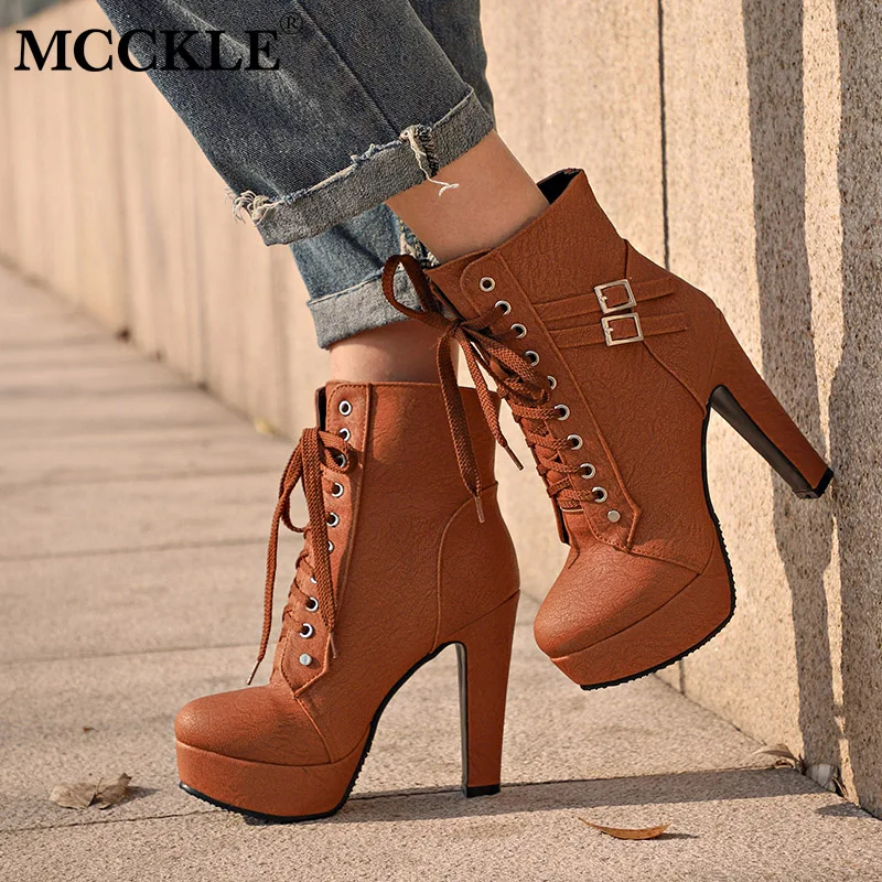 Baratos MCCKLE de talla grande botas de tobillo de plataforma de mujer tacones altos zapatos de mujer con cordones con hebilla para mujer botas cortas calzado de mujer