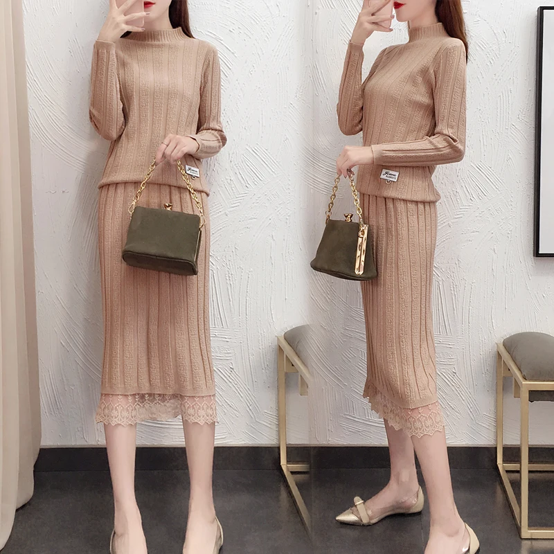 

2019 New Autumn Winter Casual Long Sleeve Sweater + Knee Length Skirt Stripe Two Piece Set Women Loose Wool knitted Sets Female