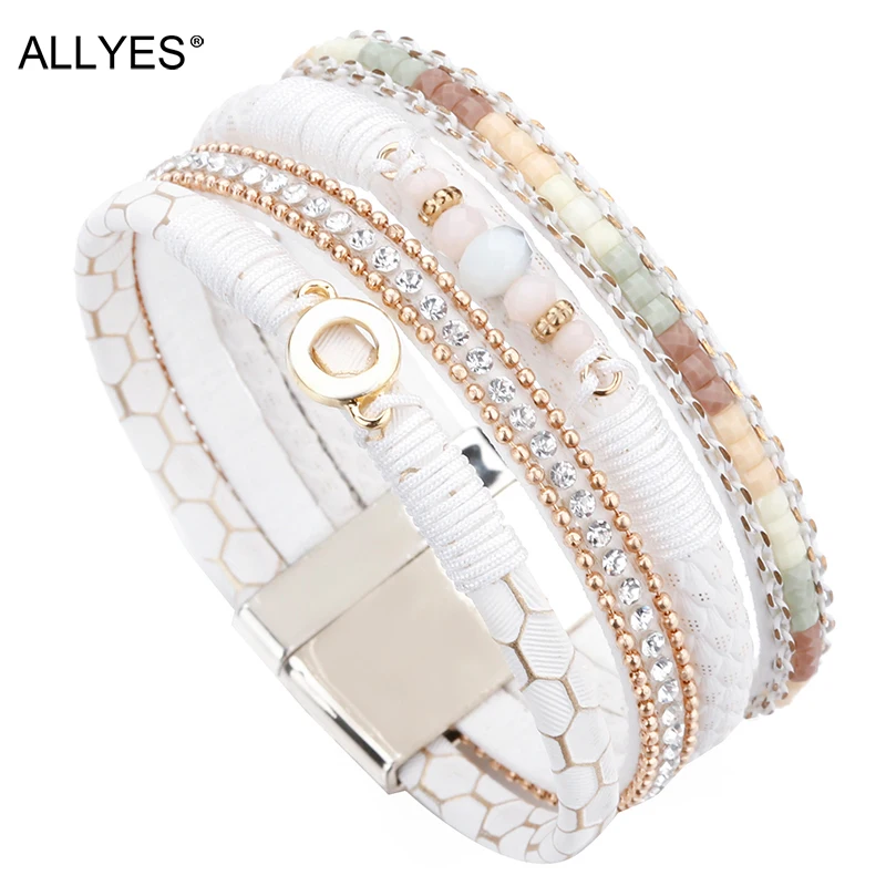 

ALLYES White Leather Bracelets for Women Jewelry Trendy Round Metal Charm Rhinestone Crystal Wide Multilayer Bracelet Female
