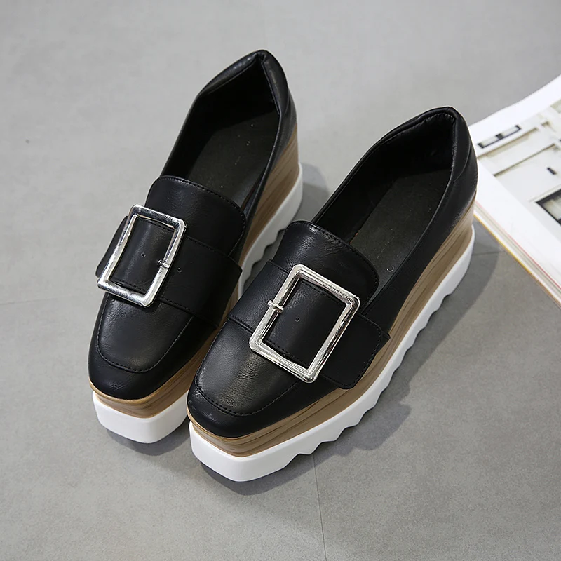 

2018 White Women Sneaker Platform Leather Slip-On Square Toe Oxford Shoes For Women Platform Autumn Winter Fashion Creepers