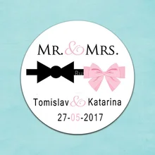 Пользовательские Свадебные Стикеры-свадебной Персонализированные Mr& Mrs этикетки, лук и смокинг розовая лента, за исключением даты, свадебные Стикеры