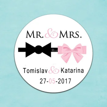 

CUSTOM Wedding Sticker - Wedding Favors Personalized MR & MRS labels,Tuxedo Bow and Pink Ribbon,Save the date,Wedding Sticker