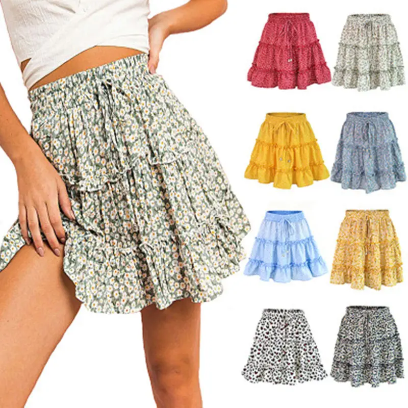 

2019 Women Summer Mini Beach Skirt Print Ruffles Basic Elastic Boho Sexy Skirt High Waist Lace up Casual Jupe Femme Short Skirts