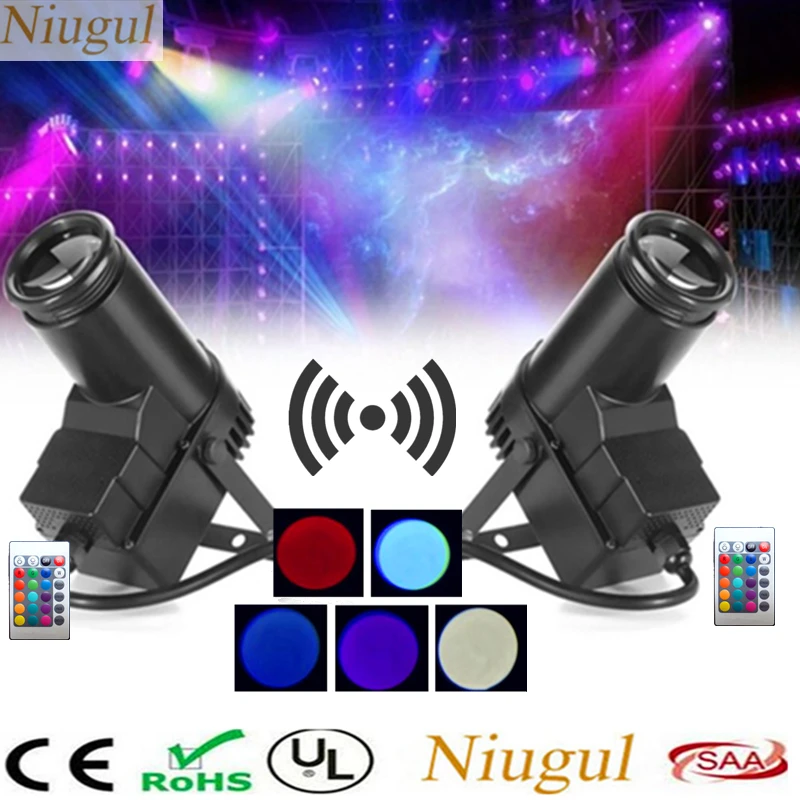 

2pcs/lot Remote Control 10W Spot Light /RGB LED Spotlight For Party DJ Disco Mirror Ball/LED Pinspot Beam Effect Stage Lighting