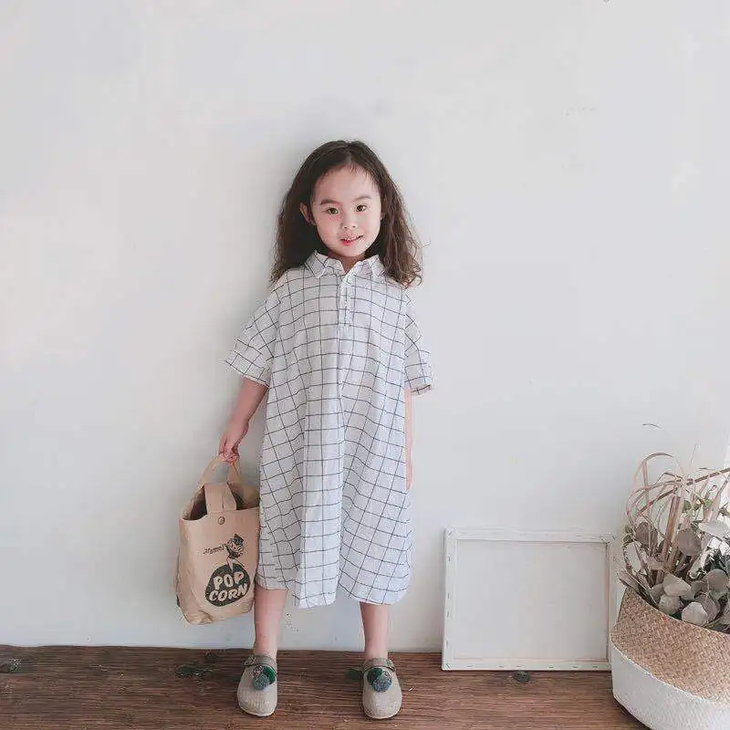 

2019 Summer Newest Korean Toddler Kids Girl Dress Linen Plaid Oversize Dress