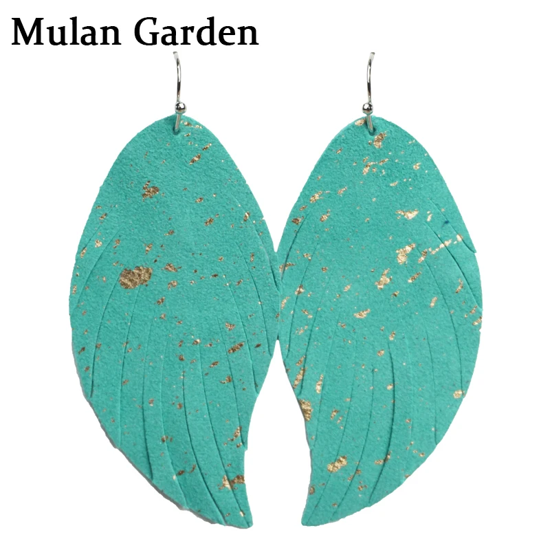 

M&G Gold Point Solid Color Blue Genuine Goat Leather Earrings for Women Nature Feather Tassel Dangle Earrings Leather Jewelry