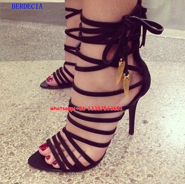 ФОТО Black Suede Gladiator Women Stiletto High Heels Sandals Cross Strap Lady Party Dress Pumps Shoes Tie Up Ankle Wrap Shoes