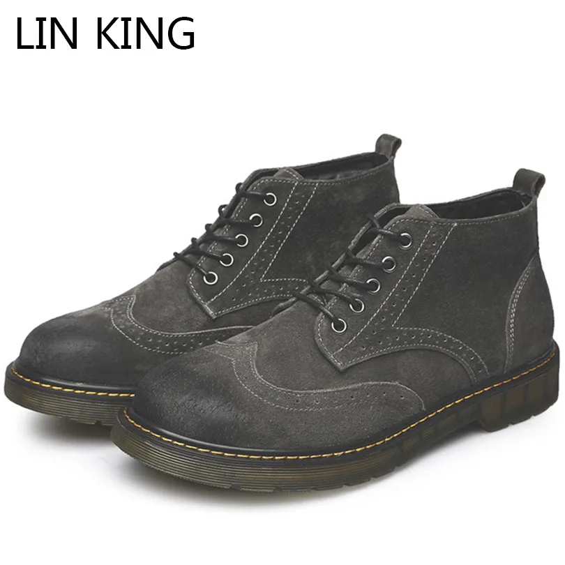

LIN KING Retro Men Work Safety Boots Brogue High Top Casual Ankle Boots Vintage Boots Lace Up Round Toe Male Desert Boots
