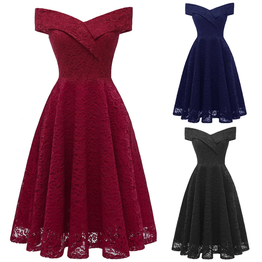 

Women Vintage Princess Floral Lace Cocktail Off Shoulder Party A-line Swing Dress A-Line Knee-Length