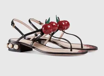 

2018 New Buckle Sweet Women Open Toe Women Sandals Pearl Decoration Square Heel Women Shoes Summer Red Cherry Sandals For Woman