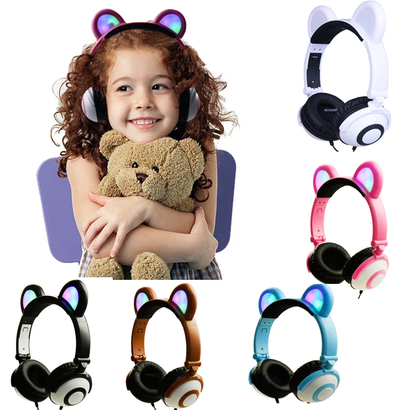 LIMSON Проводные детские наушники, наушники с медвежьими ушками, милая мультяшная повязка на голову светодиодный светильник, мигающий кабель 3,5 мм для iPhone iPad L109
