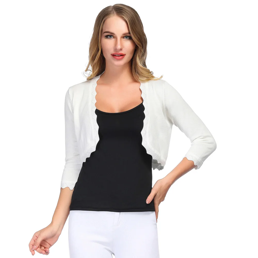 

Women slim jacket 3/4 Sleeve Open Front Cropped Length Bolero Shrug wedding party coat solid color short Knitting Cardigan tops