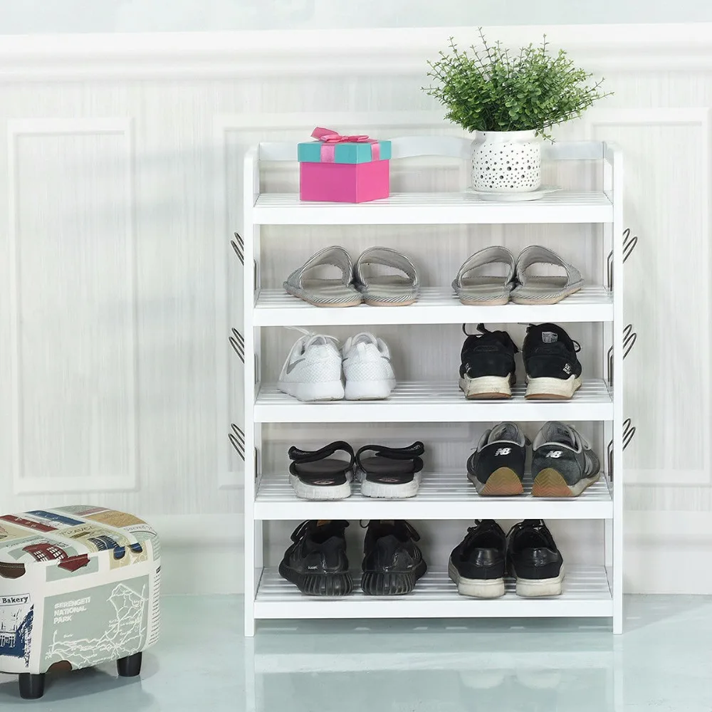 Giantex 5-Tier Wooden Shoe Rack Shelf Storage Organizer Entryway W/ Shoe Stretcher White Living Room Furniture HW57486WH