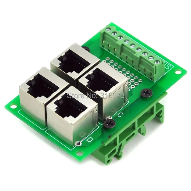 

RJ45 8P8C 4-Way Buss Board Interface Module with Simple DIN Rail Mounting feet.
