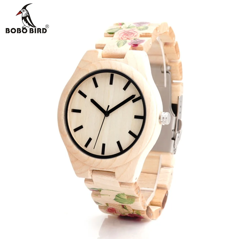 

BOBO BIRD Bamboo Wood Watch With UV Printing Flower Wooden Band Mens Women's Quartz Watches